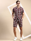 Men Cuban Collar Printed Burgundy Co-Ords Set-Honeybon-1585-Burgundy