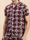 Men Cuban Collar Printed Burgundy Co-Ords Set-Honeybon-1585-Burgundy