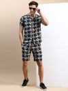 Men Cuban Collar Printed Grey Co-Ords Set-Honeybon-1589-Grey