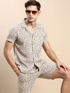 Men Cuban Collar Printed Beige Co-Ords Set-Honeybon-1591-Beige