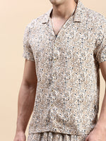 Men Cuban Collar Printed Beige Co-Ords Set-Honeybon-1591-Beige