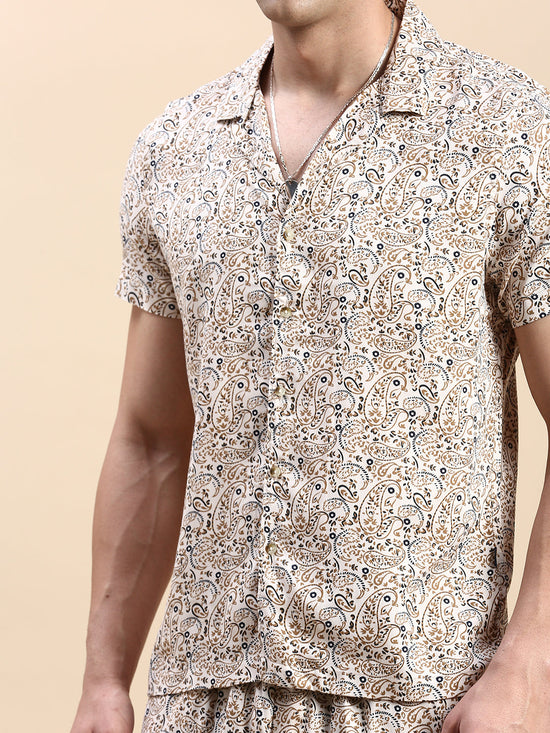 Men Cuban Collar Printed Beige Co-Ords Set-Honeybon-1591-Beige