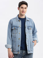 Men Solid Spread Collar Blue Denim Jacket-IB-DJ-01-1-Blue