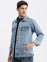 Men Solid Spread Collar Blue Denim Jacket-IB-DJ-01-1-Blue