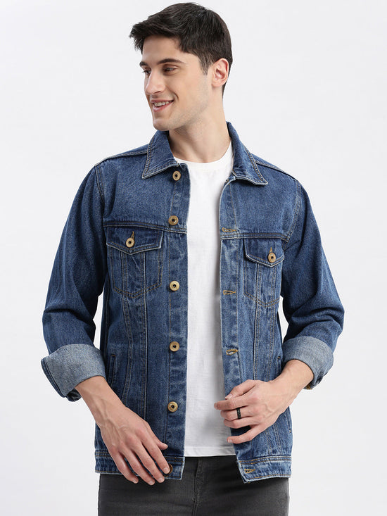 Men Solid Spread Collar Blue Denim Jacket-IB-DJ-01-2-Blue