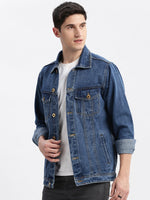 Men Solid Spread Collar Blue Denim Jacket-IB-DJ-01-2-Blue