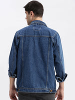 Men Solid Spread Collar Blue Denim Jacket-IB-DJ-01-2-Blue