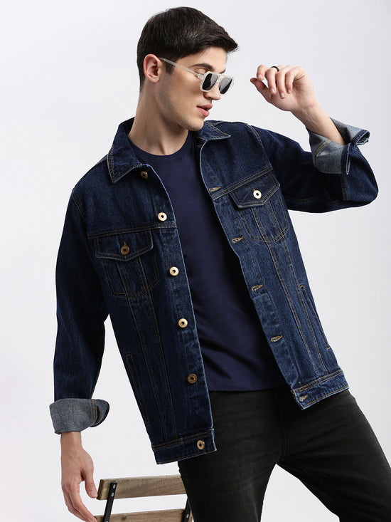 Men Solid Spread Collar Navy Blue Denim Jacket-IB-DJ-01-3-Navyblue