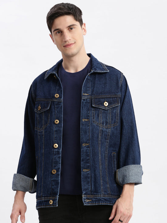 Men Solid Spread Collar Navy Blue Denim Jacket-IB-DJ-01-3-Navyblue