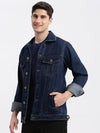 Men Solid Spread Collar Navy Blue Denim Jacket-IB-DJ-01-3-Navyblue