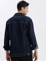 Men Solid Spread Collar Navy Blue Denim Jacket-IB-DJ-01-3-Navyblue