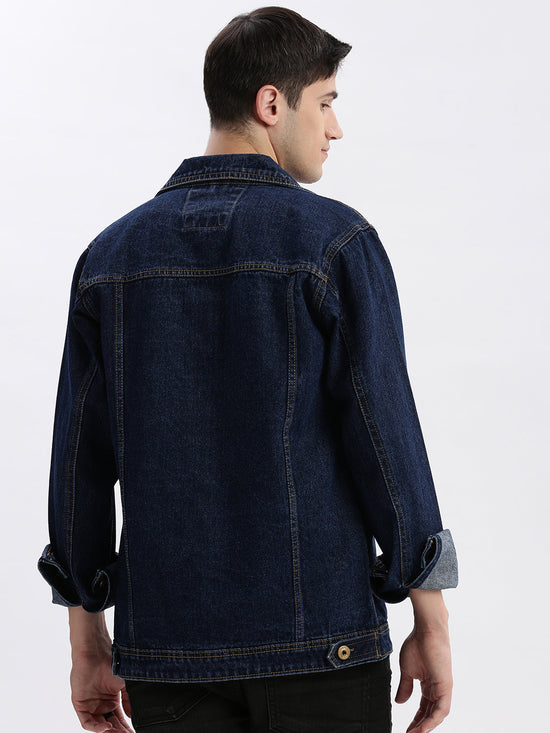 Men Solid Spread Collar Navy Blue Denim Jacket-IB-DJ-01-3-Navyblue