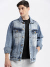 Men Solid Spread Collar Blue Denim Jacket-IB-DJ-01-4-Blue