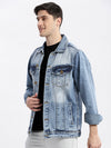 Men Solid Spread Collar Blue Denim Jacket-IB-DJ-01-4-Blue