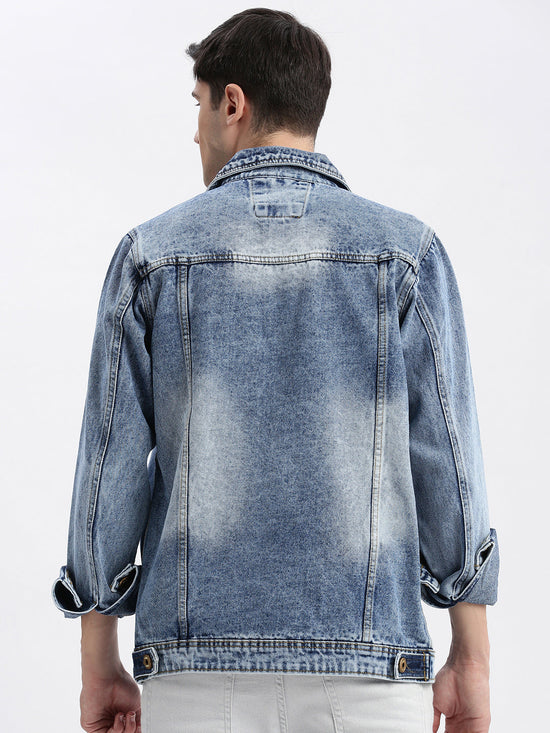 Men Solid Spread Collar Blue Denim Jacket-IB-DJ-01-4-Blue