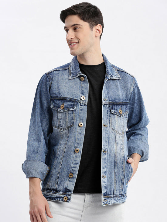 Men Solid Spread Collar Blue Denim Jacket-IB-DJ-01-5-Blue