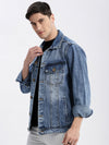 Men Solid Spread Collar Blue Denim Jacket-IB-DJ-01-5-Blue