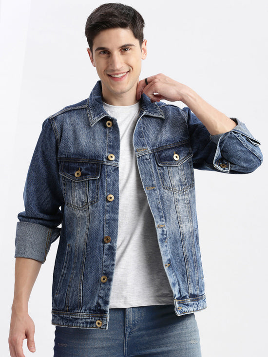 Men Solid Spread Collar Blue Denim Jacket-IB-DJ-01-6-Blue