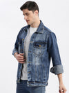 Men Solid Spread Collar Blue Denim Jacket-IB-DJ-01-6-Blue