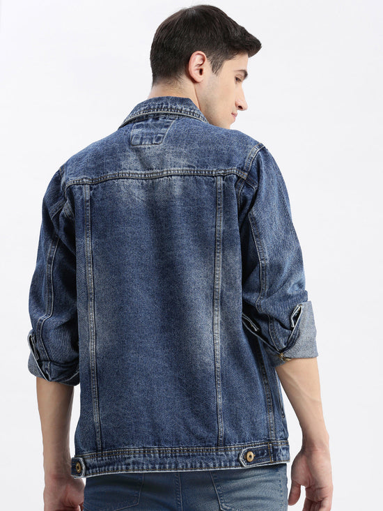 Men Solid Spread Collar Blue Denim Jacket-IB-DJ-01-6-Blue