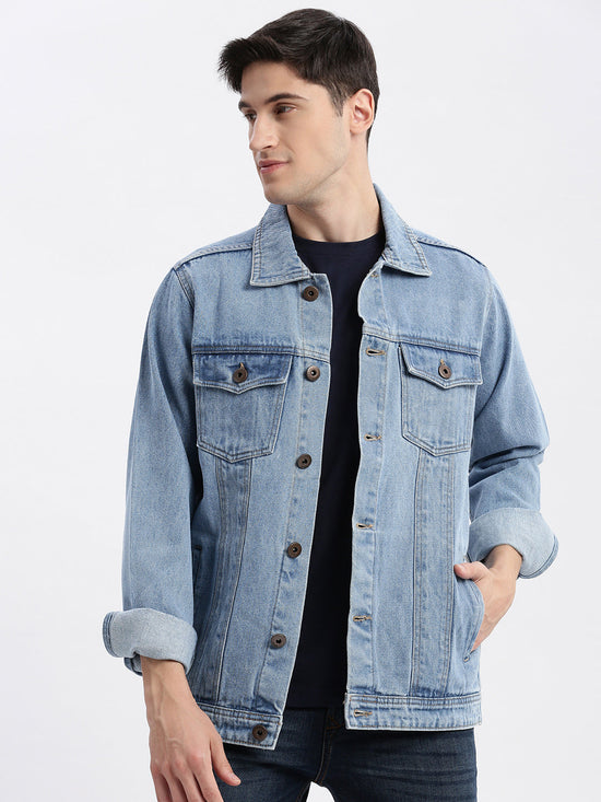 Men Solid Spread Collar Blue Denim Jacket-IB-DJ-04-1-Blue