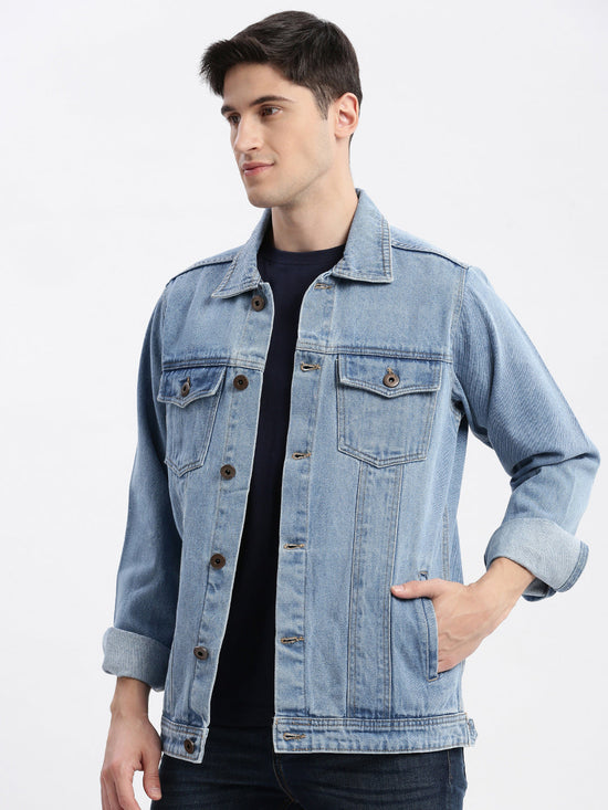 Men Solid Spread Collar Blue Denim Jacket-IB-DJ-04-1-Blue