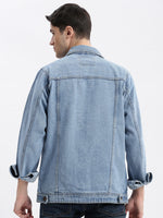 Men Solid Spread Collar Blue Denim Jacket-IB-DJ-04-1-Blue