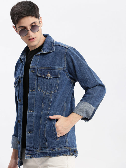 Men Solid Spread Collar Navy Blue Denim Jacket-IB-DJ-04-2-Navyblue