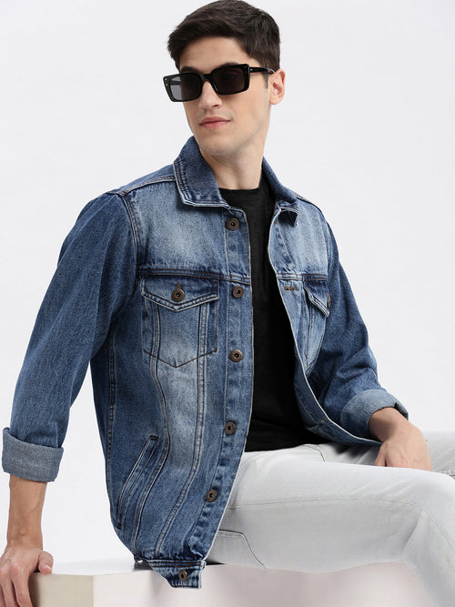 Men Solid Spread Collar Blue Denim Jacket-IB-DJ-07-5-Blue