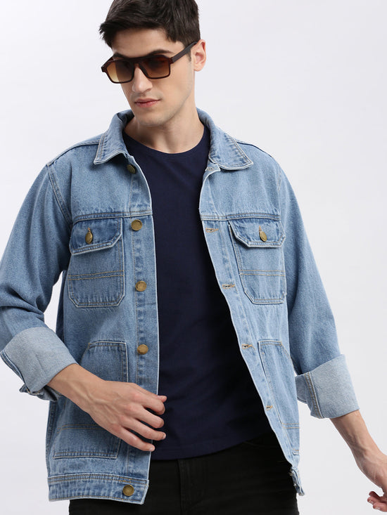 Men Solid Spread Collar Blue Denim Jacket-IB-K10-1-Blue