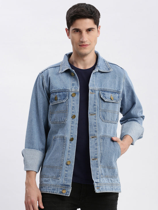 Men Solid Spread Collar Blue Denim Jacket-IB-K10-1-Blue