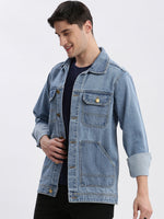 Men Solid Spread Collar Blue Denim Jacket-IB-K10-1-Blue