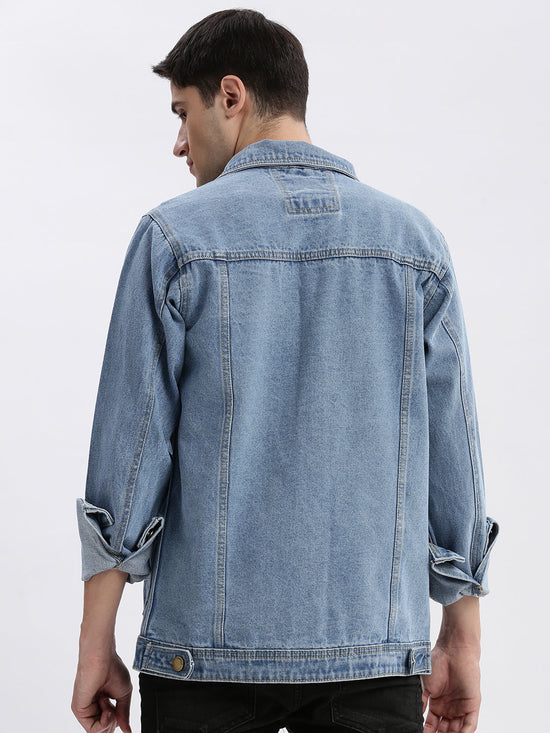 Men Solid Spread Collar Blue Denim Jacket-IB-K10-1-Blue