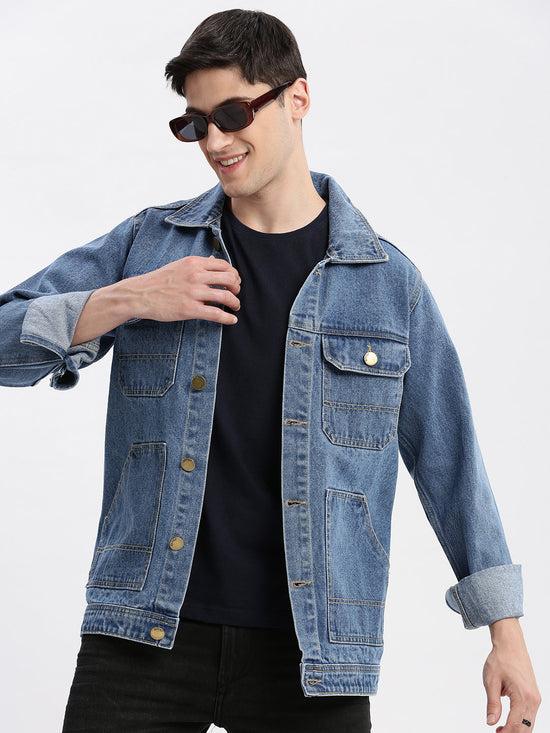 Men Solid Spread Collar Blue Denim Jacket-IB-K10-2-Blue