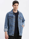 Men Solid Spread Collar Blue Denim Jacket-IB-K10-2-Blue