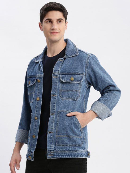 Men Solid Spread Collar Blue Denim Jacket-IB-K10-2-Blue