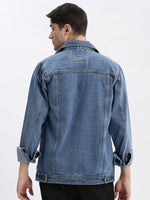 Men Solid Spread Collar Blue Denim Jacket-IB-K10-2-Blue