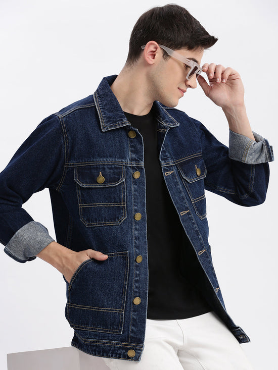 Men Solid Spread Collar Navy Blue Denim Jacket-IB-K10-3-Navyblue