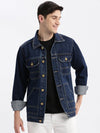 Men Solid Spread Collar Navy Blue Denim Jacket-IB-K10-3-Navyblue