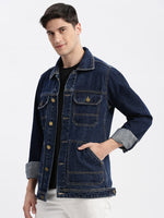 Men Solid Spread Collar Navy Blue Denim Jacket-IB-K10-3-Navyblue