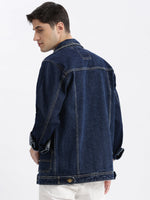 Men Solid Spread Collar Navy Blue Denim Jacket-IB-K10-3-Navyblue