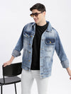 Men Solid Spread Collar Blue Denim Jacket-IB-K10-4-Blue