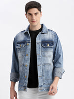 Men Solid Spread Collar Blue Denim Jacket-IB-K10-4-Blue