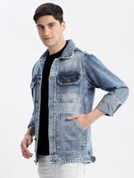 Men Solid Spread Collar Blue Denim Jacket-IB-K10-4-Blue