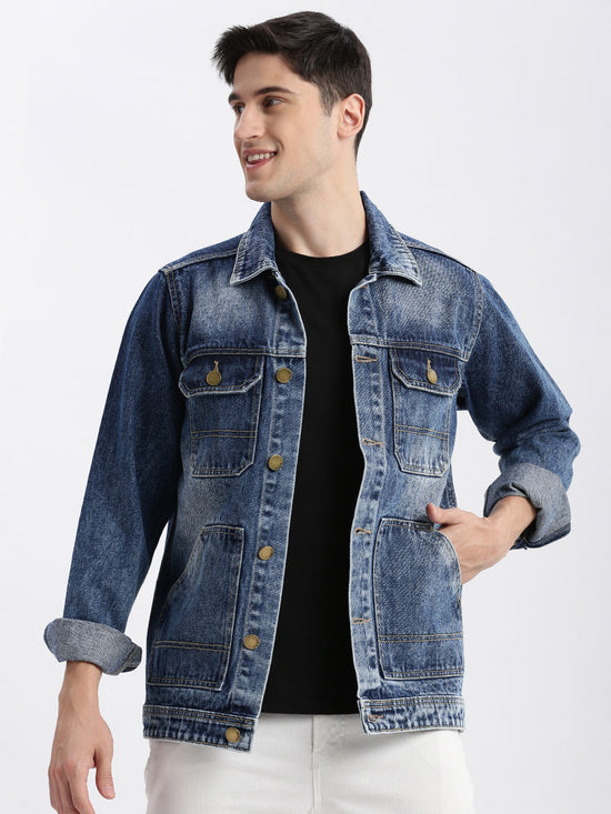 Men Solid Spread Collar Blue Denim Jacket-IB-K10-5-Blue