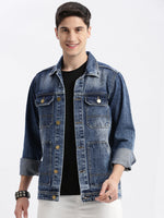 Men Solid Spread Collar Blue Denim Jacket-IB-K10-5-Blue