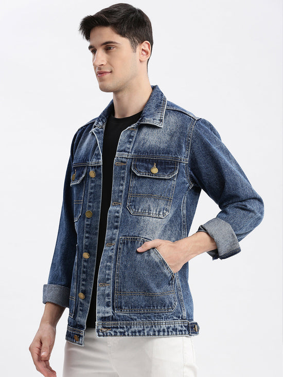 Men Solid Spread Collar Blue Denim Jacket-IB-K10-5-Blue