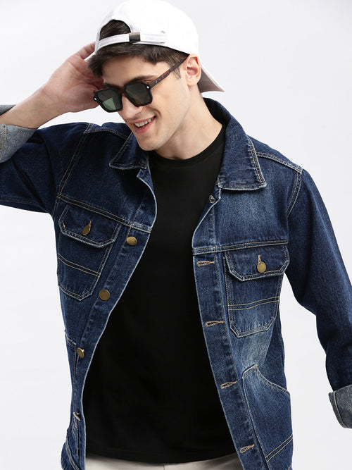 Men Solid Spread Collar Navy Blue Denim Jacket-IB-K10-6-Navyblue