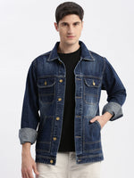 Men Solid Spread Collar Navy Blue Denim Jacket-IB-K10-6-Navyblue