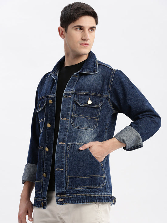 Men Solid Spread Collar Navy Blue Denim Jacket-IB-K10-6-Navyblue